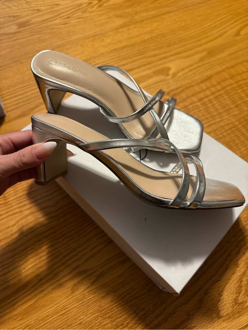 The Drop Metallic Silver Strappy Block Heel Sandals